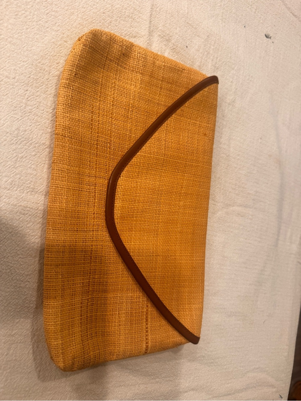 Yellow Straw Envelope Clutch with Brown Trim